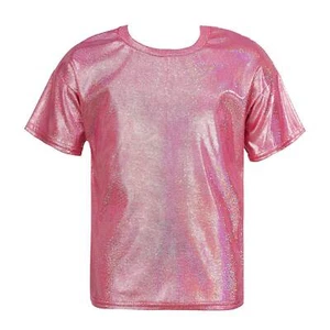 Kids Girls Boys Metallic Shiny T-shirt Sparkly Jazz Dance Loose Tops Costumes - Picture 1 of 25