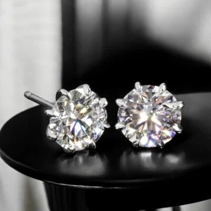 14K White Gold Diamond Earrings Round Cut studs 4 Carat Lab Created Womens  - Picture 1 of 9