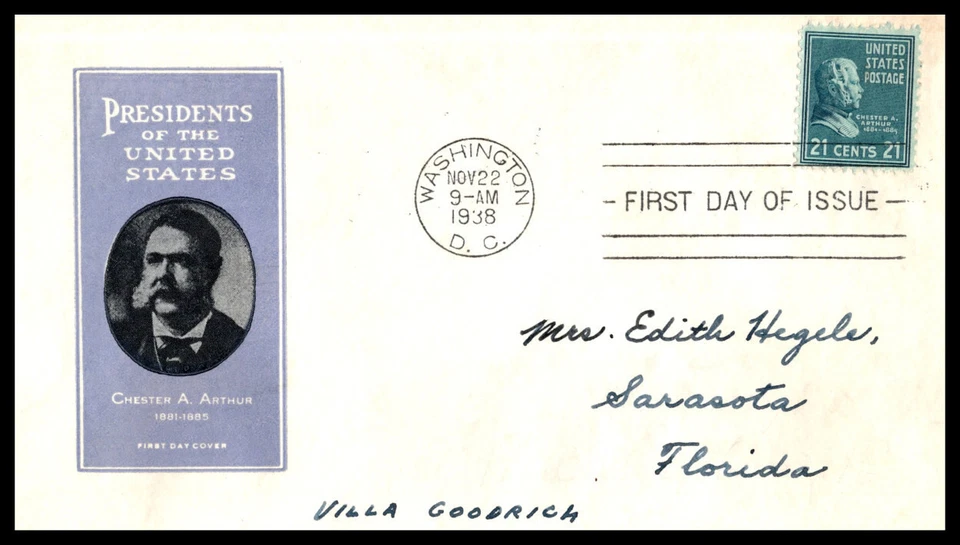 1938 Presidential Series Prexy Sc 825-1a Arthur, with Harry Ioor cachet (DB - Image 1 of 1