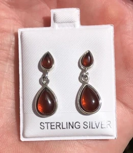 Vintage Sterling Silver Amber Dangle Drop Earrings 1" 925 - Picture 1 of 6