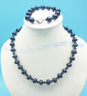 9-10mm Natural Black Rondelle Pearl Faceted Blue Crystal Necklace Bracelet Set