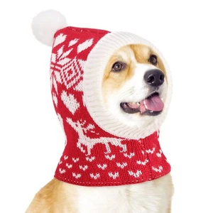 Medium Christmas Pet Hat Knitted Elk Red Snood Warm Winter Dog Hood - Picture 1 of 9