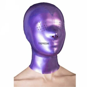 Lila Latex Haube Maske Gummi Catsuit Nadelstiche für Augen und Nase mit Reißvers - Bild 1 von 6