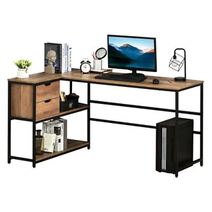 L-Shaped Home Office Writing Desk Computer Table with Storage Shelf Workstation - Picture 1 of 11