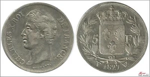 France 5 Francs 1827 W Lille / Charles X / 25 Gr. Silver MBC VF+ KM00728 - Picture 1 of 1