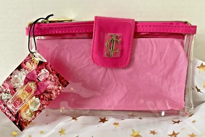Juicy Couture Travel Cosmetic Bag Clear Pink Gold Accents 2 Compartments New - Image 1 of 4