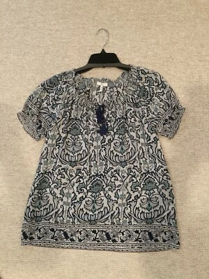 JOIE Silk Peasant Blouse Blue Green Floral Boho Hippie Pullover Top Sz M Tassles - Изображение 1 из 3