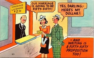 Our Marriage is Going to be Fifty-Fifty! Comic Linen Postcard - Picture 1 of 2