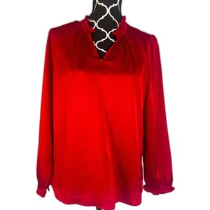 Ann Taylor Factory seidige Rüschenbluse mit Stehkragen Größe Medium Petite Power rot - Bild 1 von 8