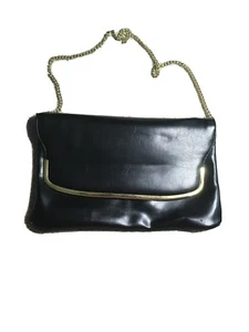 Vintage Black Leather Shoulder Purse/Clutch Gold Tone Hardware Chain Strap - Picture 1 of 12