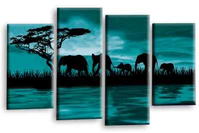 Elephant Wall Art Teal Living Room Sunset Africa Framed Split Canvas Picture 1 - Image 1 of 4