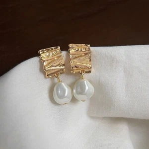 Rectangle Retro Baroque Style Genuine Freshwater Pearl Earrings 14K Gold Plated - Picture 1 of 4