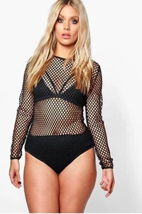 Women's Long Sleeve Mesh Fish Net Leotard Bodysuit Top Size UK 8-22 - Picture 1 of 1