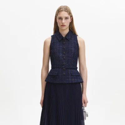 Self-Portrait Navy Metallic Boucle Vest Women's Size 12 NWT - Image 1 of 4