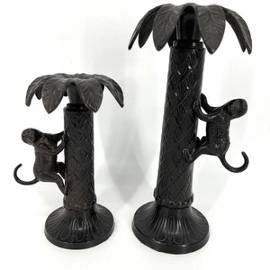 Vintage Bombay Metal Monkey Climbing Palm Tree Candlestick Holders Pair of Two - Picture 1 of 10