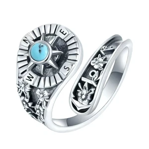 Adjustable Open Compasses Designs Ring Vintage Fashion With Natural Turquoise - Picture 1 of 8