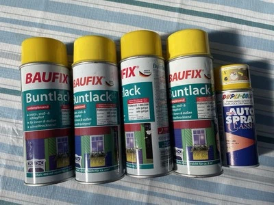 5x Sprühdosen gelb seidenmatt Baufix (4x) (1x Acryl Lack) Dupli Color Autolack - Bild 1 von 3