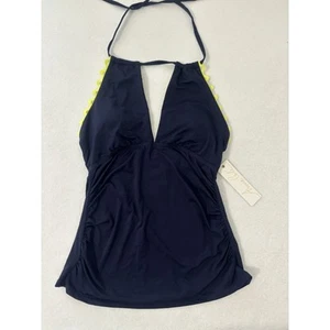 Anne Cole Tankini Top Medium Navy Blue Plunge Neckline Lime Trim Side Ruching - Picture 1 of 5