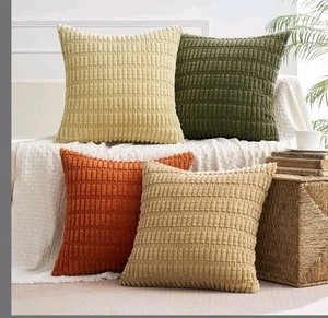 4 Corduroy 20x20 Pillow Covers/ Pillowcases Tan Green Orange Soft Stripe - Picture 1 of 2