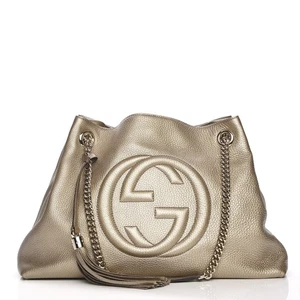 GUCCI Soho Metallic Pebbled Calfskin Large Chain Shoulder Tote Bag - Picture 1 of 9