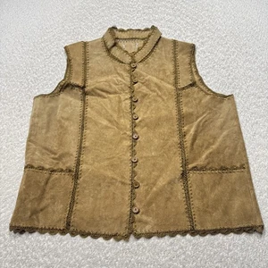 Vintage Brown Suede Vest Womens 2XL Boho Western Lace Trim Button Up 70s 80s - Picture 1 of 6