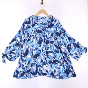 Camicetta Catherines taglie forti 2X 22/24W blu rosa floreale tunica top manica cravatta - Foto 1 di 7