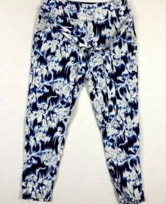 NUEVO Pantalones al tobillo estrechos de seda Guess 6 bolsillos laterales con cremallera blanco azul estampado Foto 1 de 4