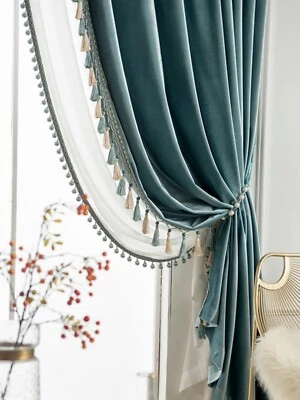 Custom velvet blue modern living room cloth blackout curtain tulle drape C1866* - Image 1 of 4