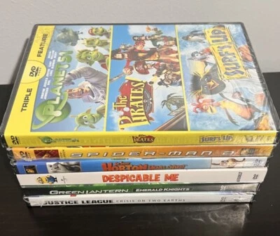 NEW 6 DVD LOT Spider-Man 2 Surfs Up Dr. Seuss DC Justice League Despicable Me - Image 1 of 4
