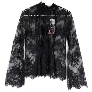LEYDEN Damen transparentes Spitzenoberteil mit Stehkragen, Small, schwarz - Bild 1 von 3
