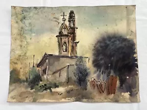 Vintage Landscape Watercolor Painting “San Martin Church Mexico” by Bill Rakocy - Picture 1 of 4