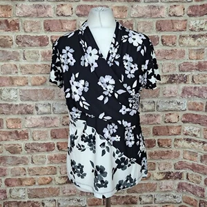DKNY Top Black White Womens Large Blouse Short Sleeve Faux Wrap Stretch - Picture 1 of 12