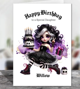 Personalised Gothic Girl & Skull Birthday Cake Birthday Card - Choose Size - Picture 1 of 3