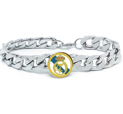 Pulsera de cadena de eslabones plateados de fútbol del Real Madrid para hombre con paquete de regalo D4 Foto 1 de 4