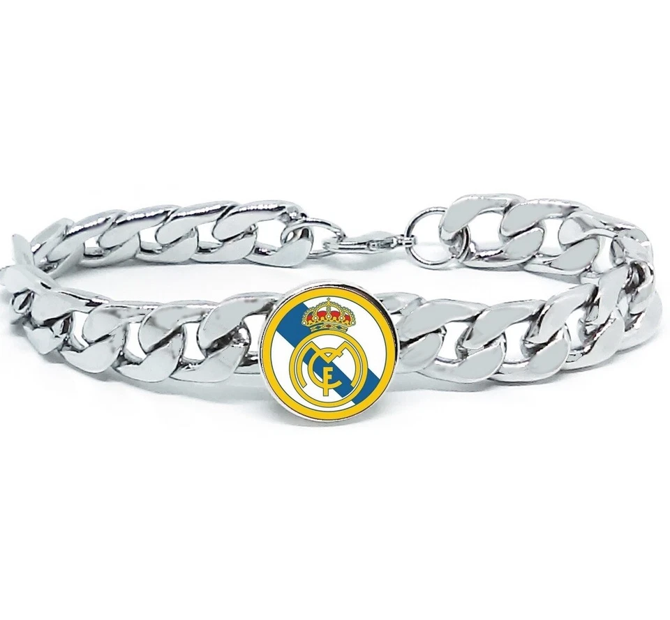 Pulsera de cadena de eslabones plateados de fútbol del Real Madrid para hombre con paquete de regalo D4 Foto 1 de 4