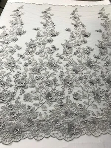 Silver 3D Floral Design Embroidered With Pearls in a Mesh Lace Fabric, By Yard - Picture 1 of 2
