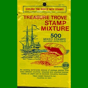 TREAT 1980s bag of TREASURE TROVE 500 WORLD stamps (opened) box - Picture 1 of 2