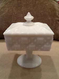 Westmoreland MILK GLASS Old Quilt Square Covered Candy Dish nut 4.5"t Pedestal  - Picture 1 of 10