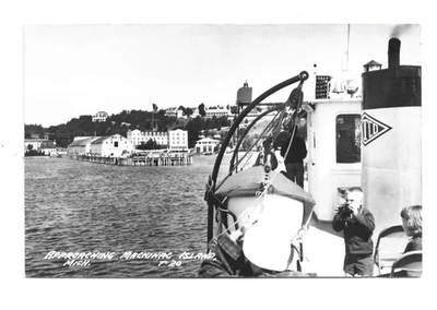 Vintage RPPC Real Photo Postcard Mackinac Island MI Boat Approaching Docks - Image 1 of 2