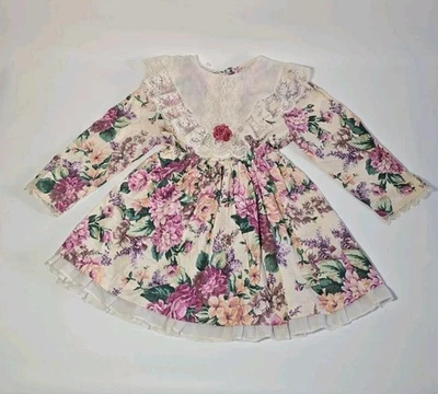 1960's Celeste Originals Baby Girls Dress Size 4 Floral Ruffled Lace Ribbon  - Image 1 of 4