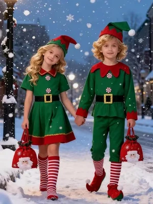 Kids-Adults Christmas Elf Costume Cosplay Fancy Dress Xmas Santa Helper Outfits.