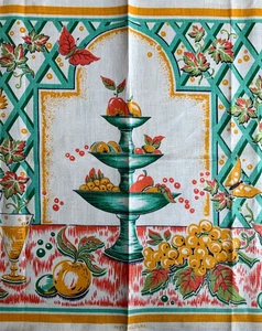 Vintage LaMont irisches LEINEN Küche Geschirrtuch gelb rot aquamarin Obstgitter Cocktails - Bild 1 von 6