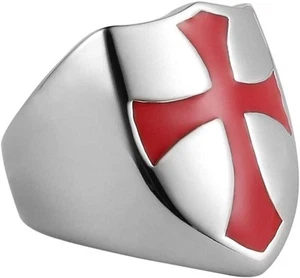 Men's US Size 7-15 Rings Stainless Steel Knights Templar Red Cross Shield Band - Picture 1 of 27