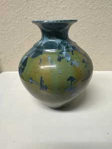 "Florero de cerámica Phil Morgan Studio 6,5"" esmalte cristalino firmado 1992 - azul/verde" - Imagen 1 de 7