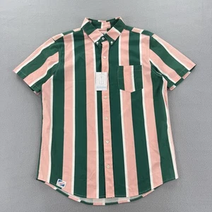 Bermies Shirt Mens Large Pink Green Striped Short Sleeve Button Summer Preppy - Picture 1 of 10