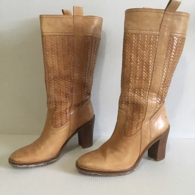 Cole Haan Tejido Tostado Cuero Camel Tacón Alto Botas Occidentales Brasil Talla 9 Cesta Foto 1 de 4