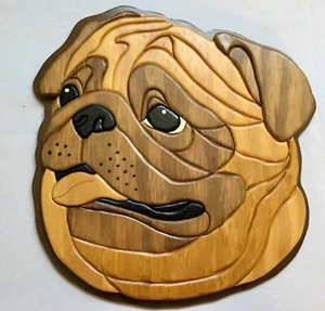 Intarsia Wood 3D Art Jigsaw Carving Pug Dog Wall Hanging Plaque - Picture 1 of 6