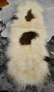 Double Length  Naturally Curly Brown & White Icelandic Sheepskin Rug - - Picture 1 of 9