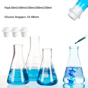 Narrow Mouth Glass Erlenmeyer Flask 15-68mm Silicone Stoppers for Lab Experiment - Picture 1 of 43