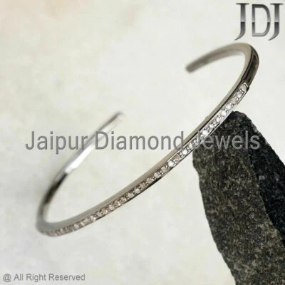 Natural Pave Diamond 925 Sterling Silver Open Cuff Stackable Minimalist Bangle - Image 1 of 4